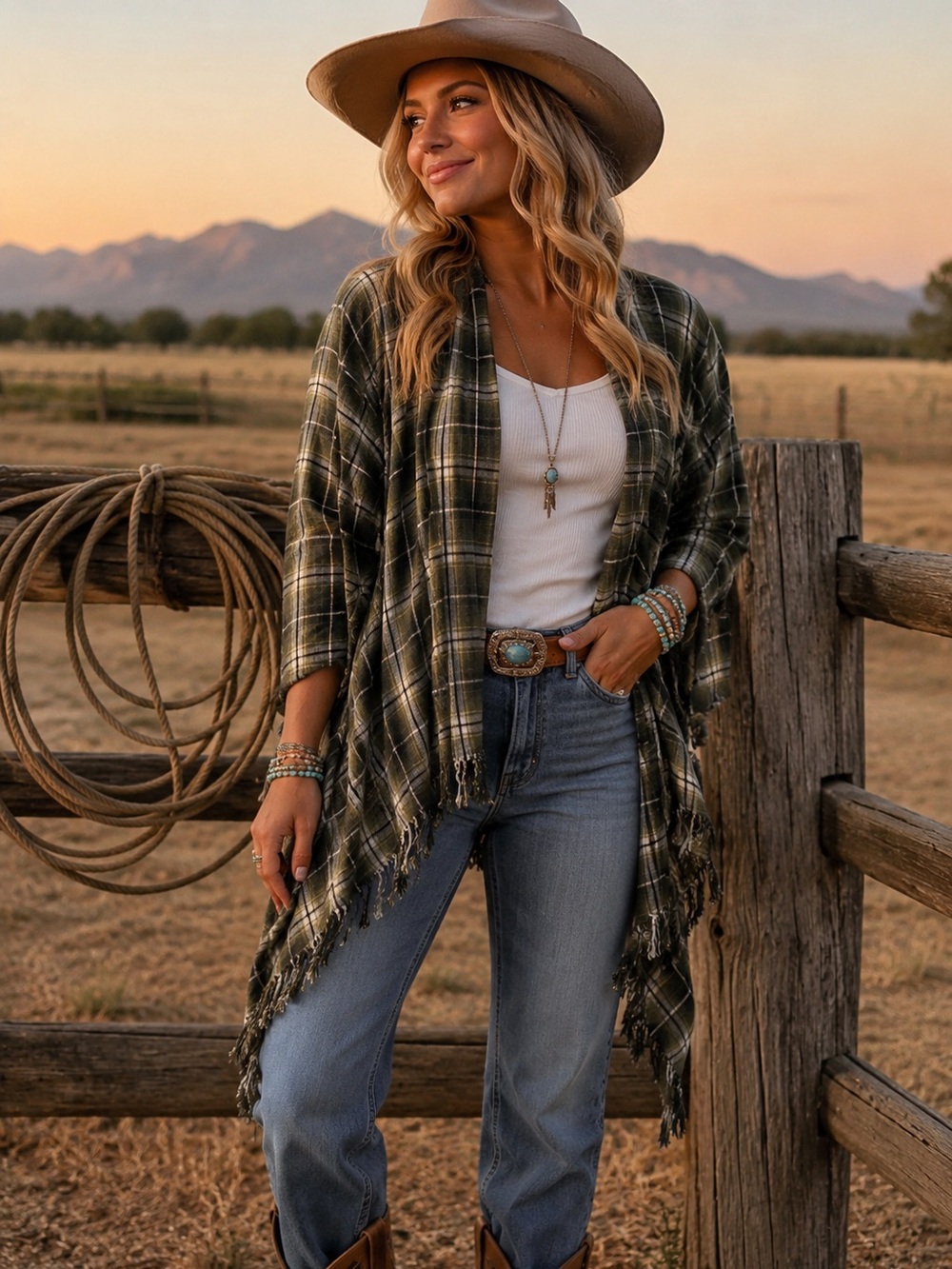 Boutique Krazy Kat Women Cotton Plaid Flannel Cardigan Large Green Fringe Hem L